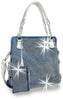 The Rhinestone Covered Accessorized Shoulder Bag shines in sparkling blue faux leather with silver handles, a matching small pouch, and dazzling rhinestones, all reflecting bright light.