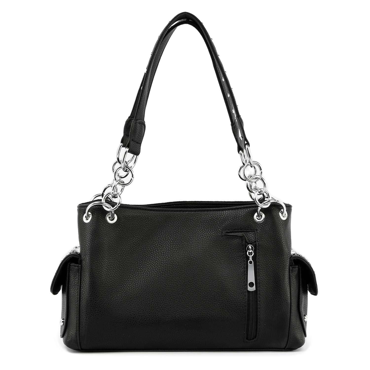 The Playing Card Emblems Design Rhinestone Handbag features black faux leather, silver hardware, two handles, a front zipper pocket, and side pockets, showcased on a white background.