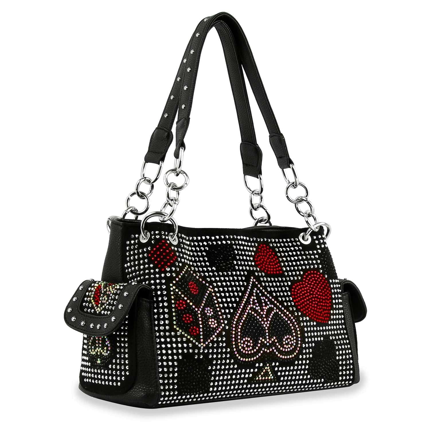The Playing Card Emblems Design Rhinestone Handbag features black faux leather, silver studs, and card suit symbols with silver rings and a detachable studded strap for a stylish touch.