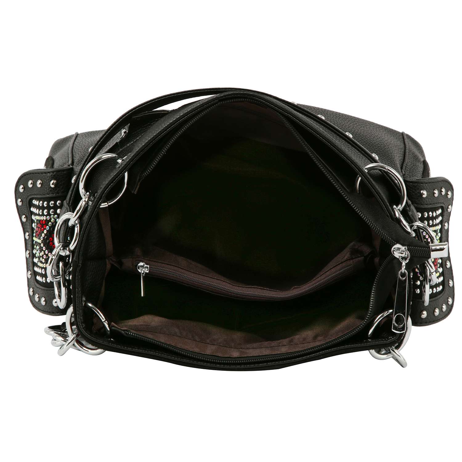 The Playing Card Emblems Design Rhinestone Handbag features black faux leather, silver hardware, and decorative studs, with an open view showing a roomy interior, zippered pocket, and multiple compartments.