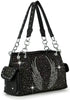 The Wing Design Rhinestone Fashion Handbag is a black faux leather shoulder bag with silver studs, iridescent rhinestone wing designs, double handles with metal chains and rings, a side snap pocket, and sparkling accents.