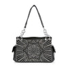 The Boho Bling Design Fashion Handbag is a chic black faux leather purse featuring silver studded floral patterns, a single handle with metal rings, and side pockets for style and convenience.