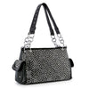 The Circle Pattern Rhinestone Fashion Handbag features black faux leather, dual handles, silver chain accents, and eye-catching white and silver rhinestone circles for a chic conceal and carry accessory with modern style.