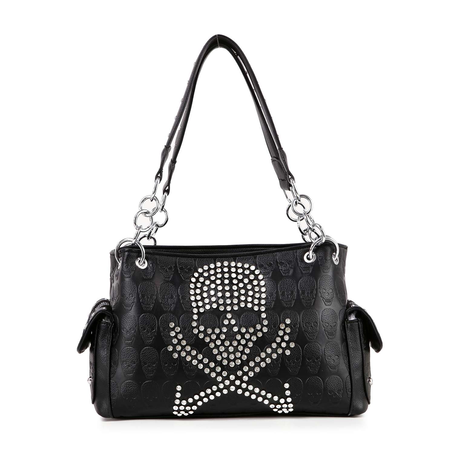 The Skull And Crossbones Embossed Fashion Handbag is a black faux leather purse with two handles, embossed skull patterns, a silver-studded skull and crossbones, metal rings, and side pockets—ideal for any goth bag collection.