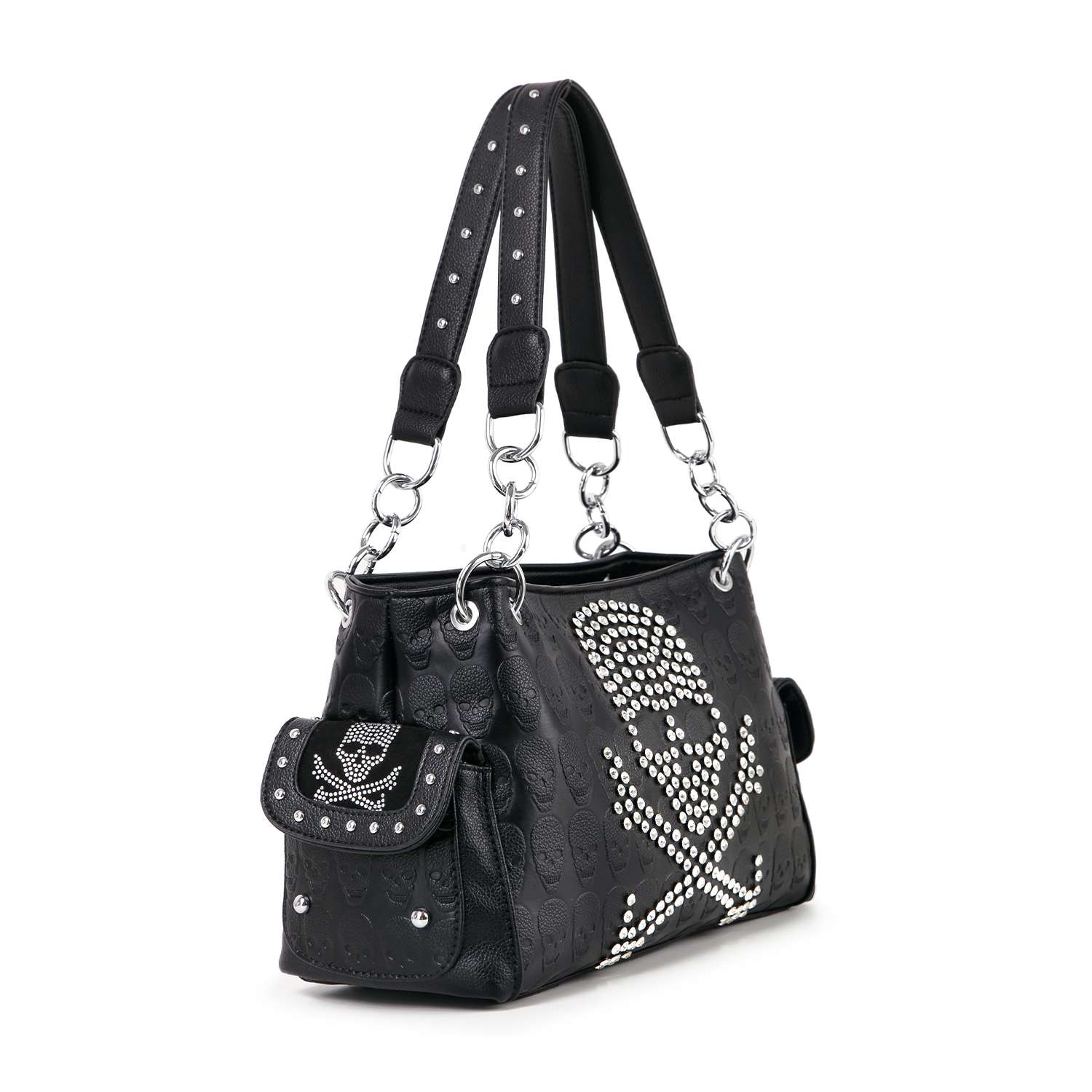 The Skull And Crossbones Embossed Fashion Handbag features black faux leather, studded handles, silver hardware, a side pocket, and a striking silver-studded skull and crossbones—ideal for anyone wanting a bold goth statement accessory.