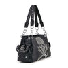 The Skull And Crossbones Embossed Fashion Handbag features black faux leather, studded handles, silver hardware, a side pocket, and a striking silver-studded skull and crossbones—ideal for anyone wanting a bold goth statement accessory.