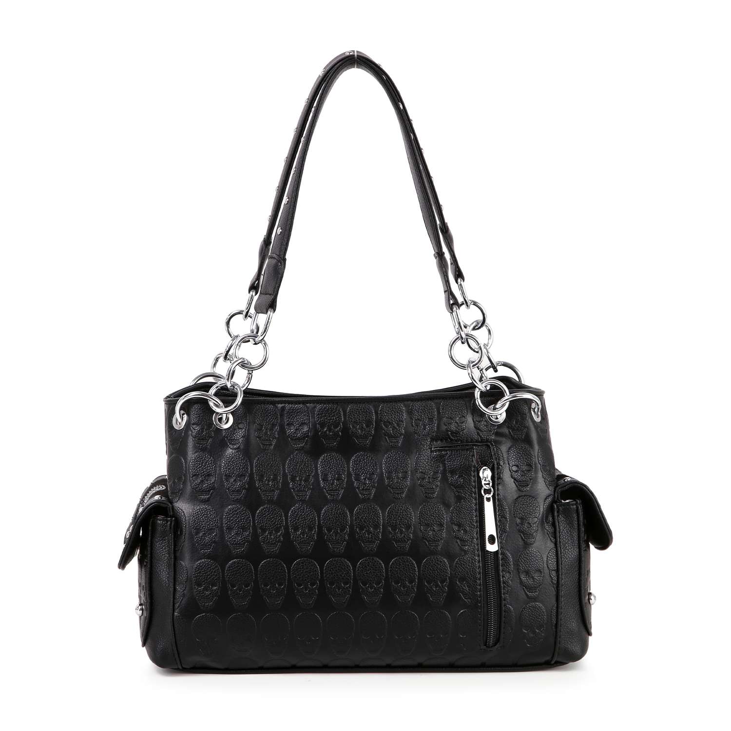 The Skull And Crossbones Embossed Fashion Handbag is a black faux leather bag with two handles, silver hardware, front zipper pocket, side flap pockets, and a repeating embossed skull pattern for a goth look.