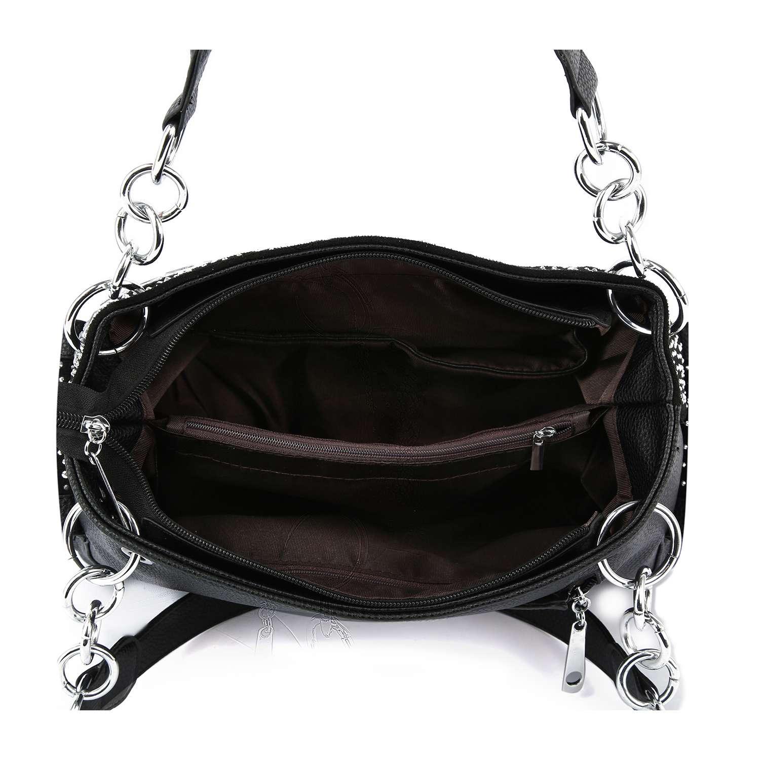 A top view of the Skull And Crossbones Embossed Fashion Handbag in black faux leather with a dark interior, featuring multiple compartments, zippers, and silver chain handles attached by large rings.