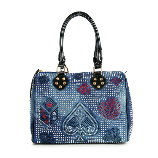 The Rhinestone Gaming Design Satchel is a blue faux leather handbag with black handles, featuring sparkling studs and rhinestones in red, blue, and silver card suit patterns—a stylish choice for gaming fans.