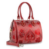 The Rhinestone Gaming Design Satchel is a shiny red faux leather bag with sparkling rhinestones and playing card suit symbols, featuring gold-tone hardware, double handles, and a detachable shoulder strap.