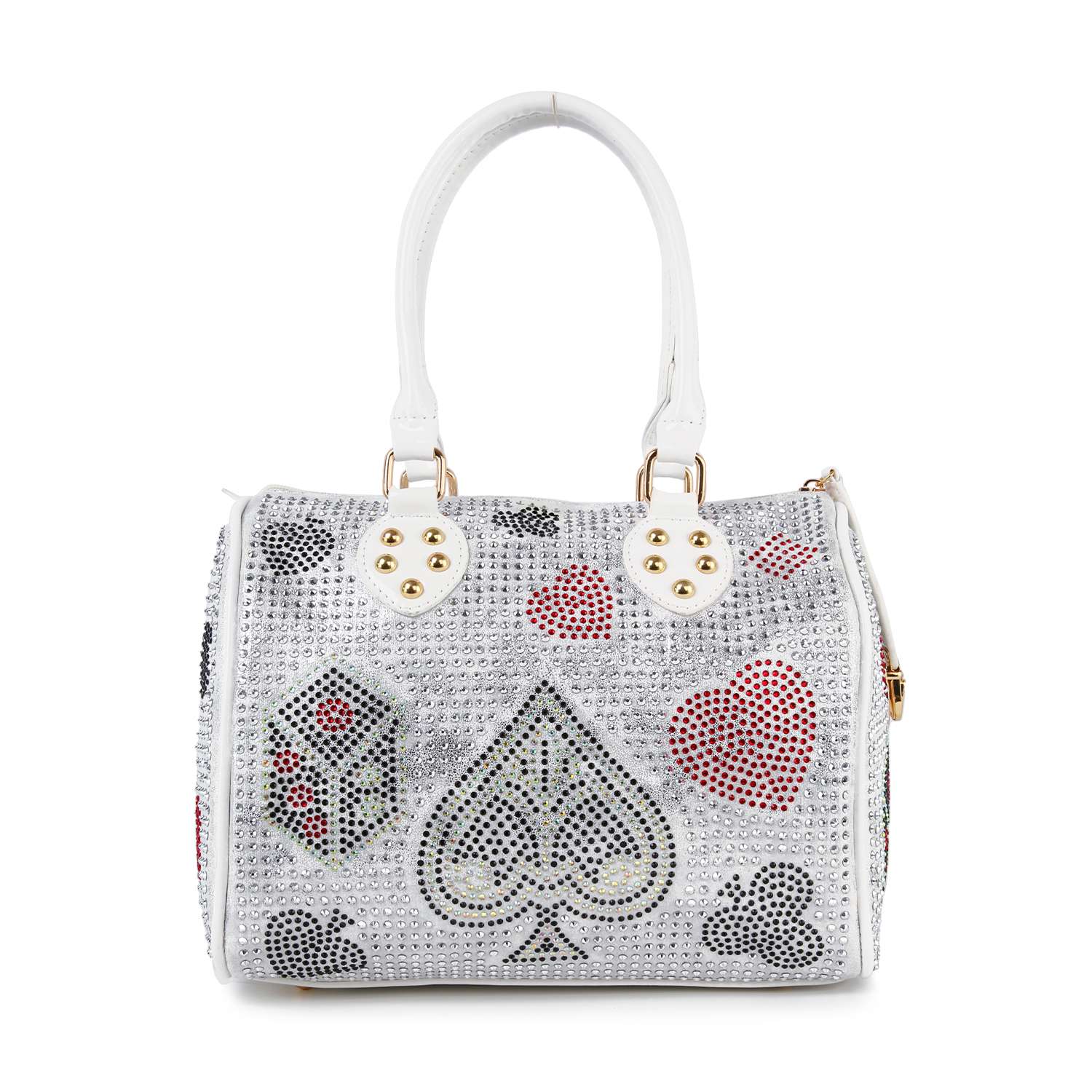 The Rhinestone Gaming Design Satchel features sparkling suit symbols—spades, hearts, clubs, diamonds—gold hardware, and dual handles. This tablet-compatible handbag perfectly blends style with playful charm.