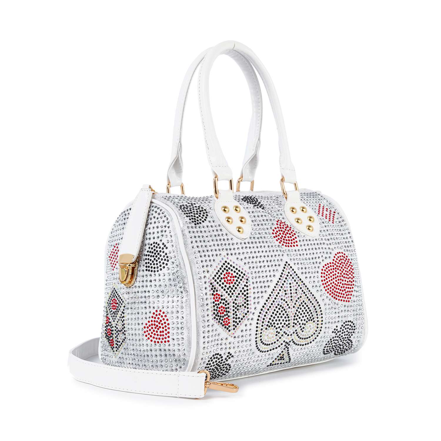 The Rhinestone Gaming Design Satchel features dazzling black and red playing card suits, gold hardware, two top handles, a detachable shoulder strap, and fits most tablets—perfect for versatile gaming style.