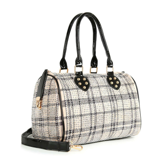 The Rhinestone Covered Locked Satchel Handbag is a rectangular faux leather bag with gold hardware, black handles, a detachable shoulder strap, structured shape, tablet compatibility, and a chic, modern look.