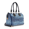 The Rhinestone Covered Locked Satchel Handbag is a blue faux leather bag with a structured shape, silver studs, black handles, gold hardware, a detachable black shoulder strap, textured pattern, and tablet-friendly modern design.