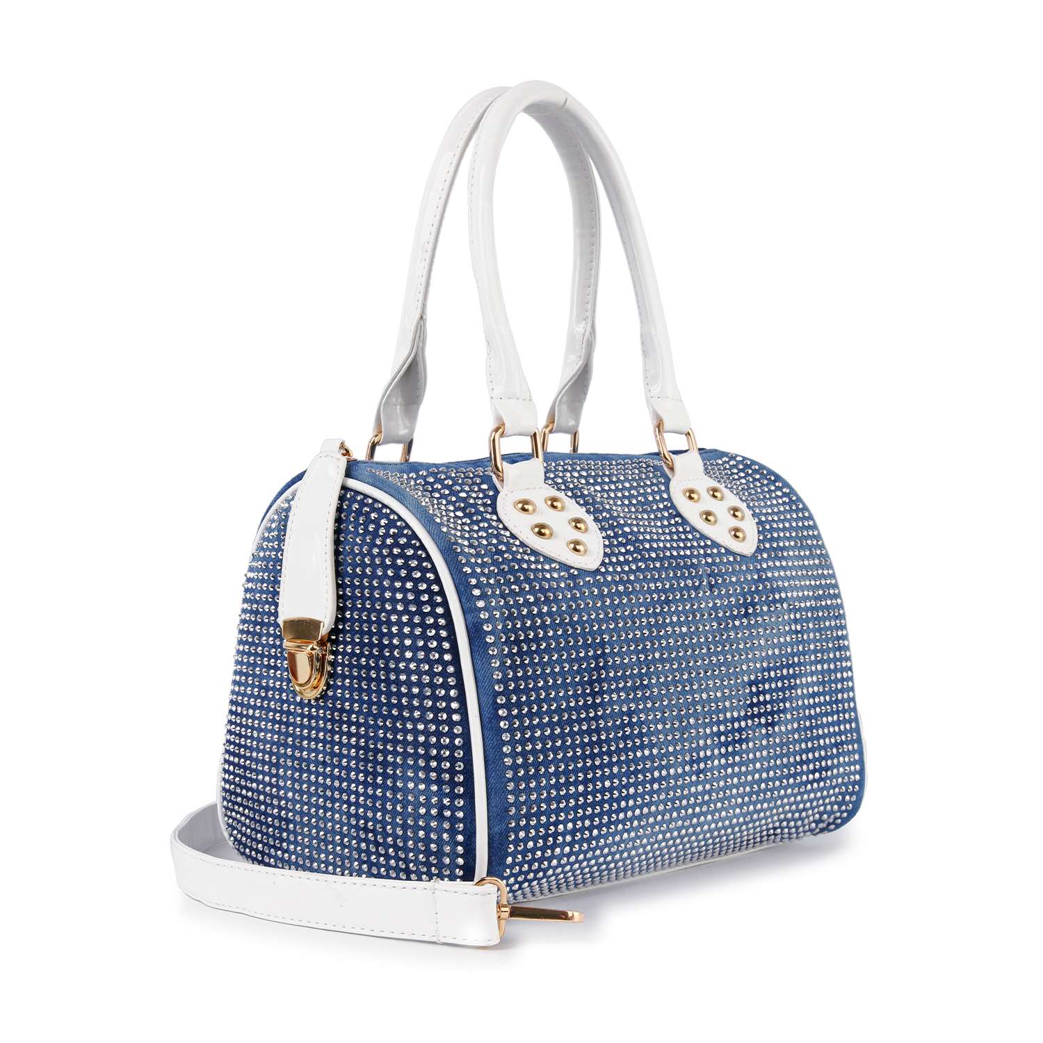 The Rhinestone Covered Locked Satchel Handbag is a blue bag with sparkling rhinestones, white handles, a white shoulder strap, gold-tone hardware, and fits most tablets.