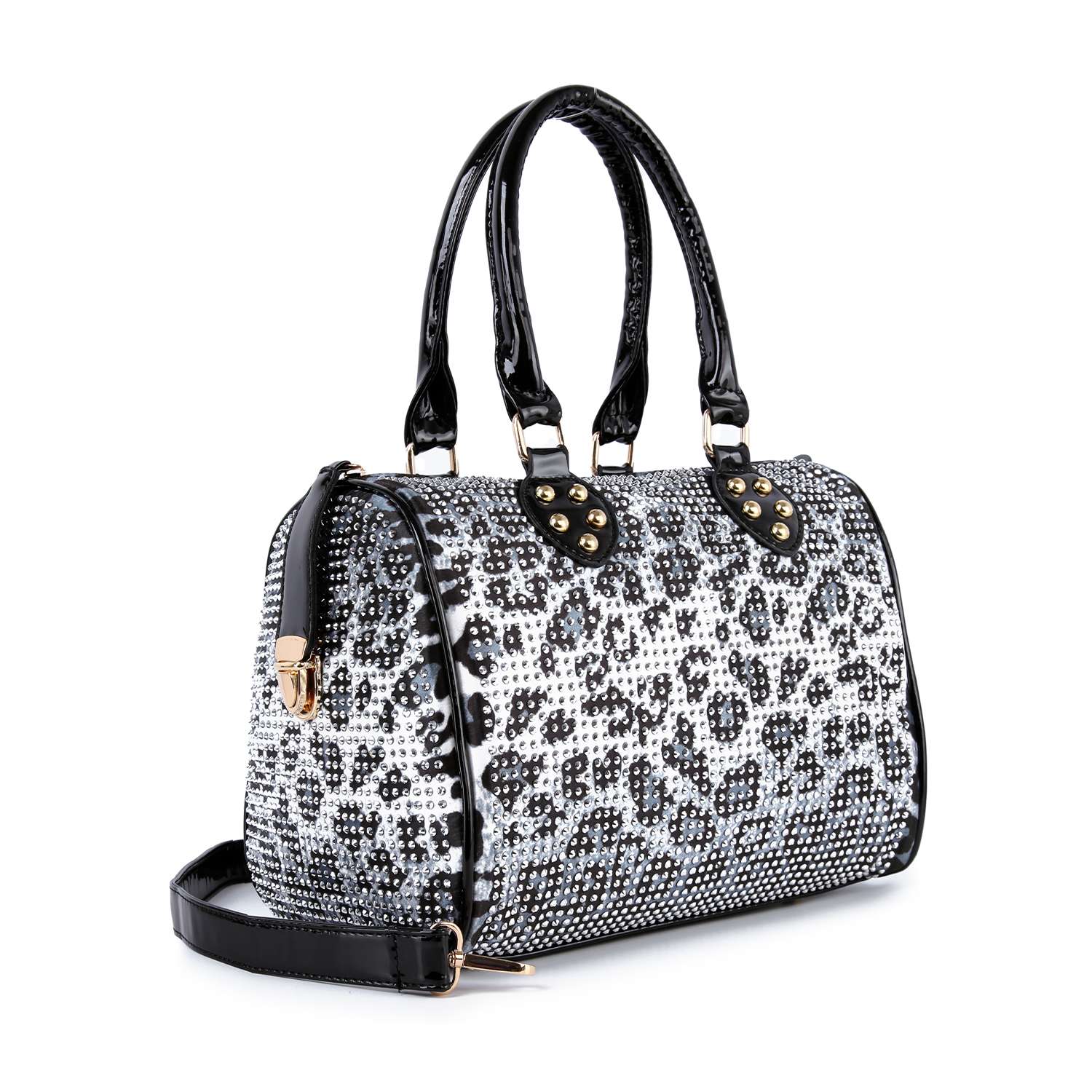 The Rhinestone Covered Locked Satchel Handbag features a chic faux leather design with a black and white leopard pattern, black handles, gold hardware, and a detachable shoulder strap, displayed on a white background.