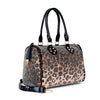 The Rhinestone Covered Locked Satchel Handbag boasts black handles and trim, a leopard print, sparkling gold and silver studs, tablet compatibility, a detachable black shoulder strap, and gold-tone hardware.