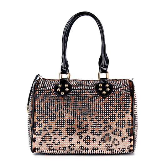 The Rhinestone Covered Locked Satchel Handbag is a rectangular faux leather bag with black handles, leopard print accents, and sparkling rhinestones for a glamorous look.