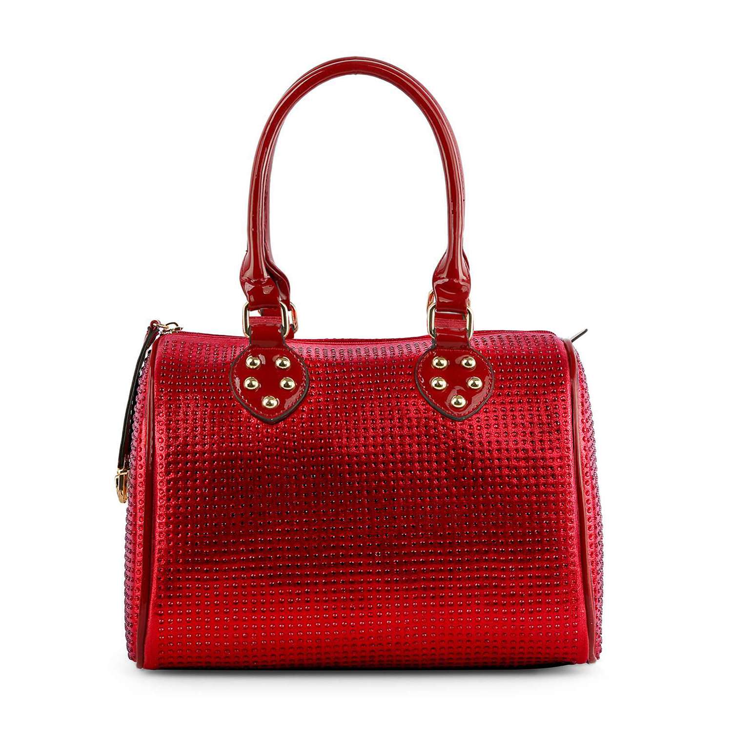 A sparkling Rhinestone Covered Locked Satchel Handbag with textured faux leather, dual handles, gold accents, and a top zipper closure is displayed against a white background.