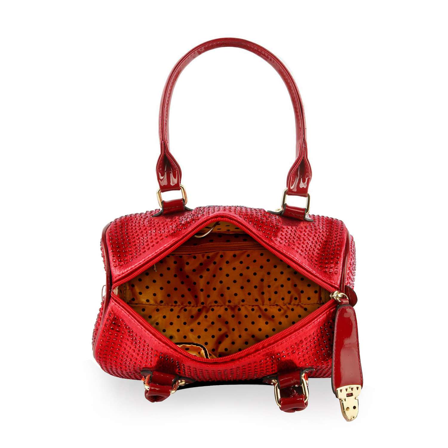 The Rhinestone Covered Locked Satchel Handbag features a shiny, textured red faux leather exterior, gold hardware, two handles, and a tan interior with a black polka dot pattern. Tablet compatible. Shown on a white background.