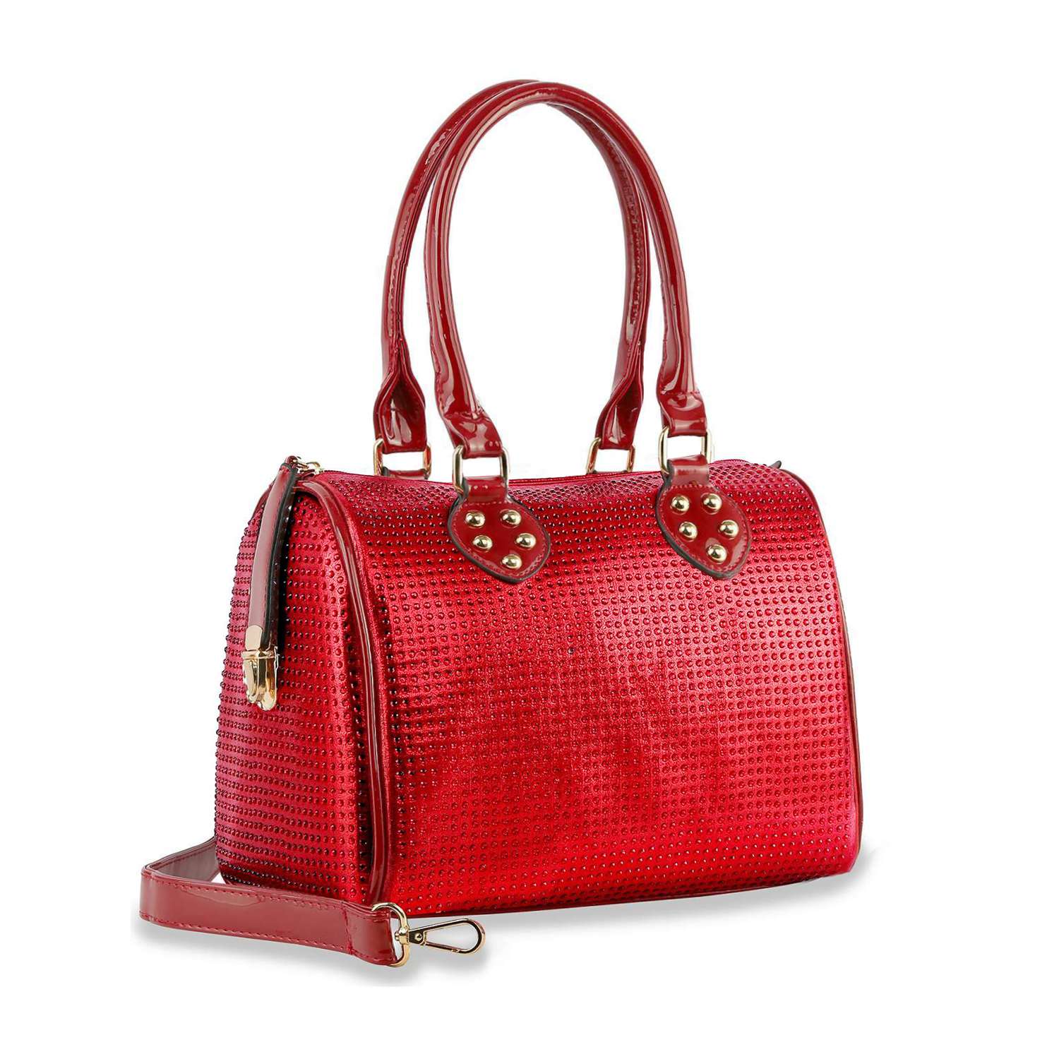 The Rhinestone Covered Locked Satchel Handbag features a shiny red faux leather exterior with textured surface, gold studded handles, double handles, a detachable shoulder strap, and stands upright. It is compatible with tablets.