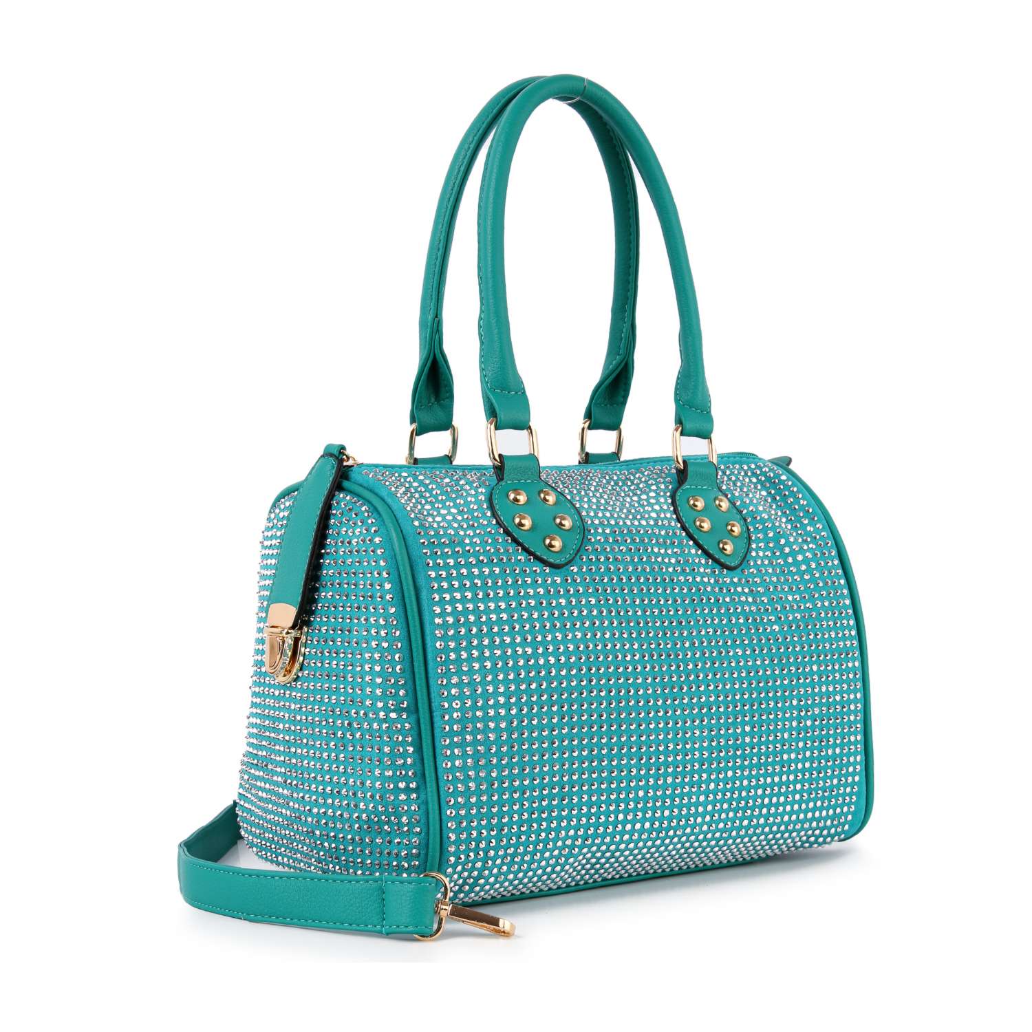 The Rhinestone Covered Locked Satchel Handbag is a teal faux leather bag with gold hardware, silver rhinestones, dual handles, a detachable strap, tablet compatibility, and a secure zipper closure.