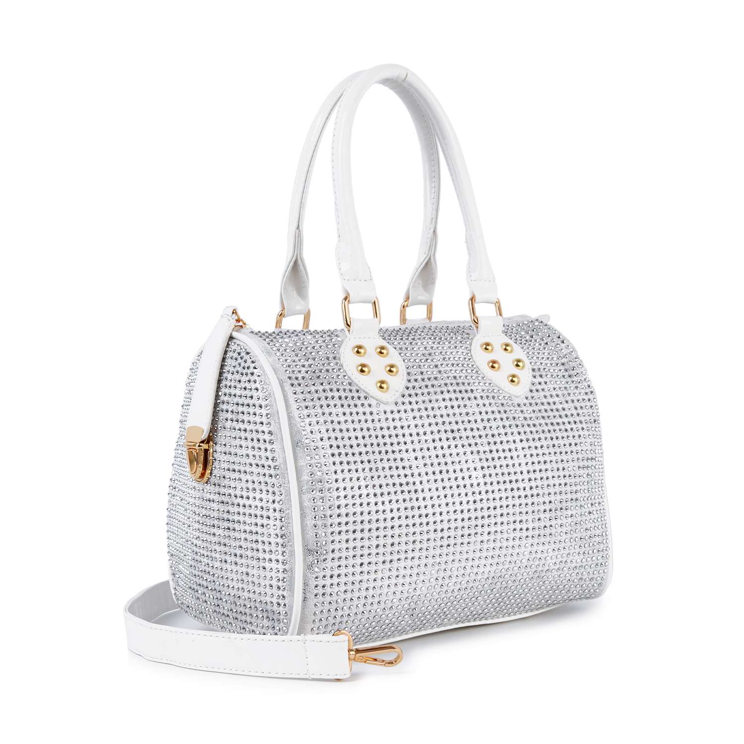 The Rhinestone Covered Locked Satchel Handbag features white rhinestones, gold hardware, double top handles, a detachable shoulder strap, and faux leather. Displayed on a white background.
