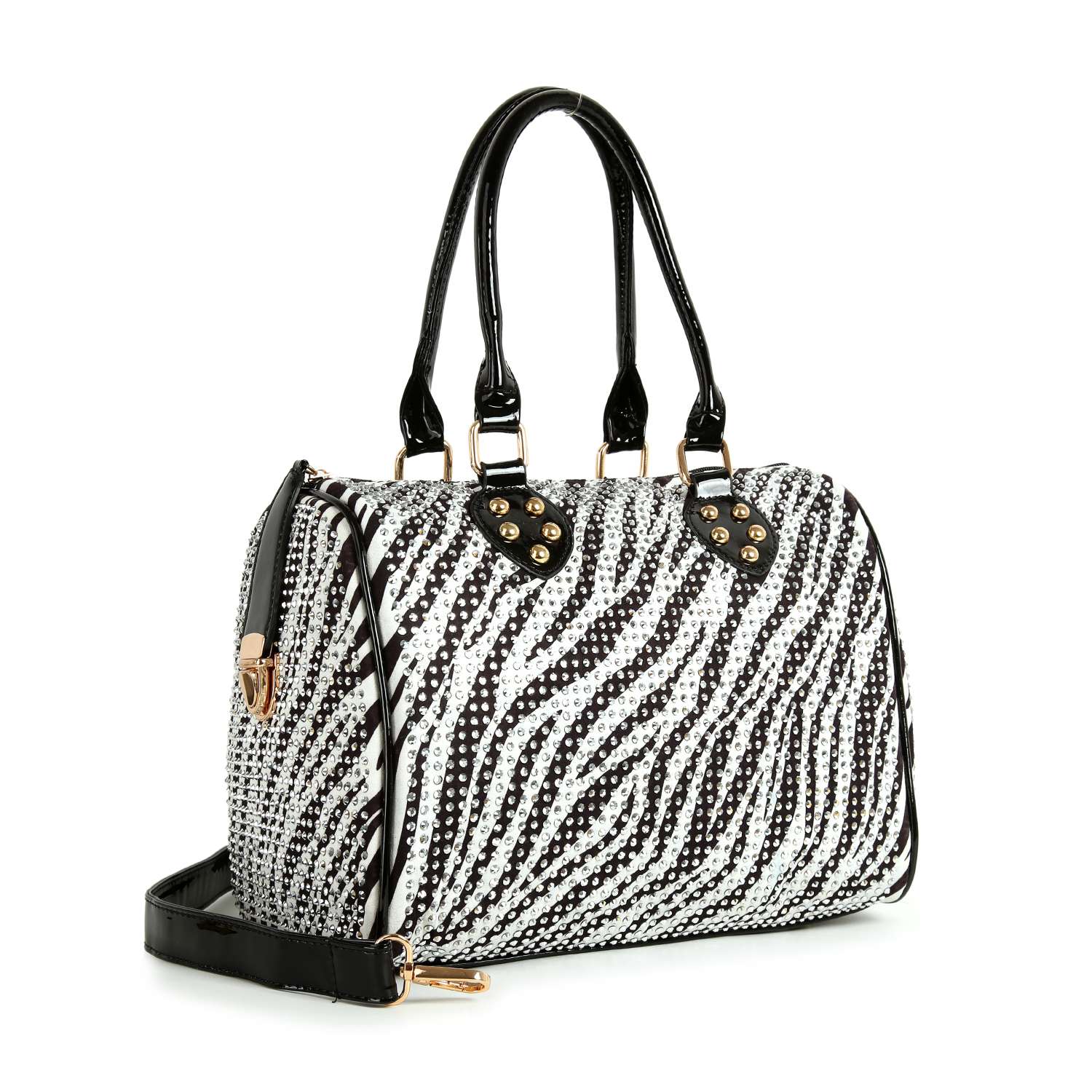 The Rhinestone Covered Locked Satchel Handbag features sparkling rhinestones, gold-tone hardware, dual handles, and a detachable shoulder strap, beautifully displayed on a white background.