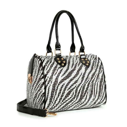 The Rhinestone Covered Locked Satchel Handbag features sparkling rhinestones, gold-tone hardware, dual handles, and a detachable shoulder strap, beautifully displayed on a white background.