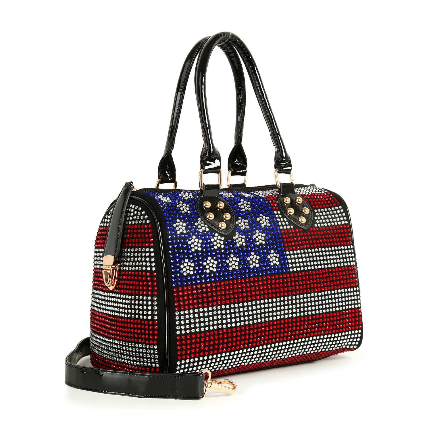 The Rhinestone Flag Design Locked Satchel features red, white, and blue gems in an American flag motif, black handles, and a detachable shoulder strap for versatile style.