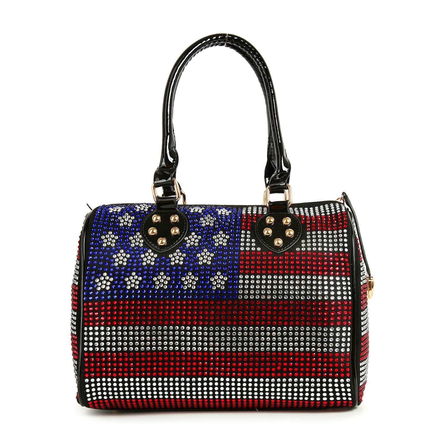 The Rhinestone Flag Design Locked Satchel features black handles and sparkling rhinestones in a red, white, and blue USA flag pattern—a dazzling purse perfect for showcasing your patriotic style.