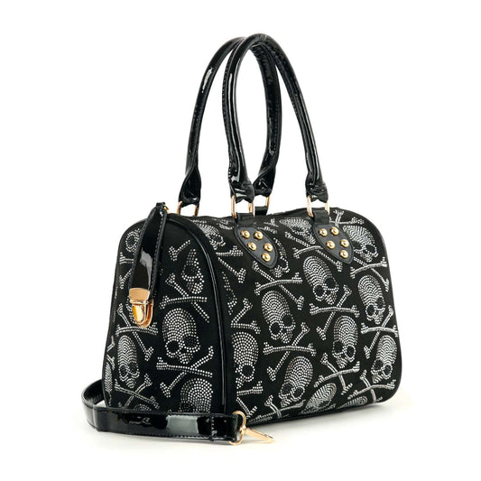 Rhinestone Skull Covered Locked Satchel Handbag