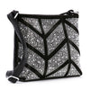 The Rhinestone Grid Patterned Crossbody Sling is a black faux leather handbag with a grid of sparkling silver rhinestones, an adjustable long strap, and a lightweight rectangular design.