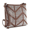 The Rhinestone Grid Patterned Crossbody Sling is a brown faux leather bag with a geometric grid pattern, sparkling silver studs and rhinestones, a long adjustable strap, silver hardware, and a lightweight design.
