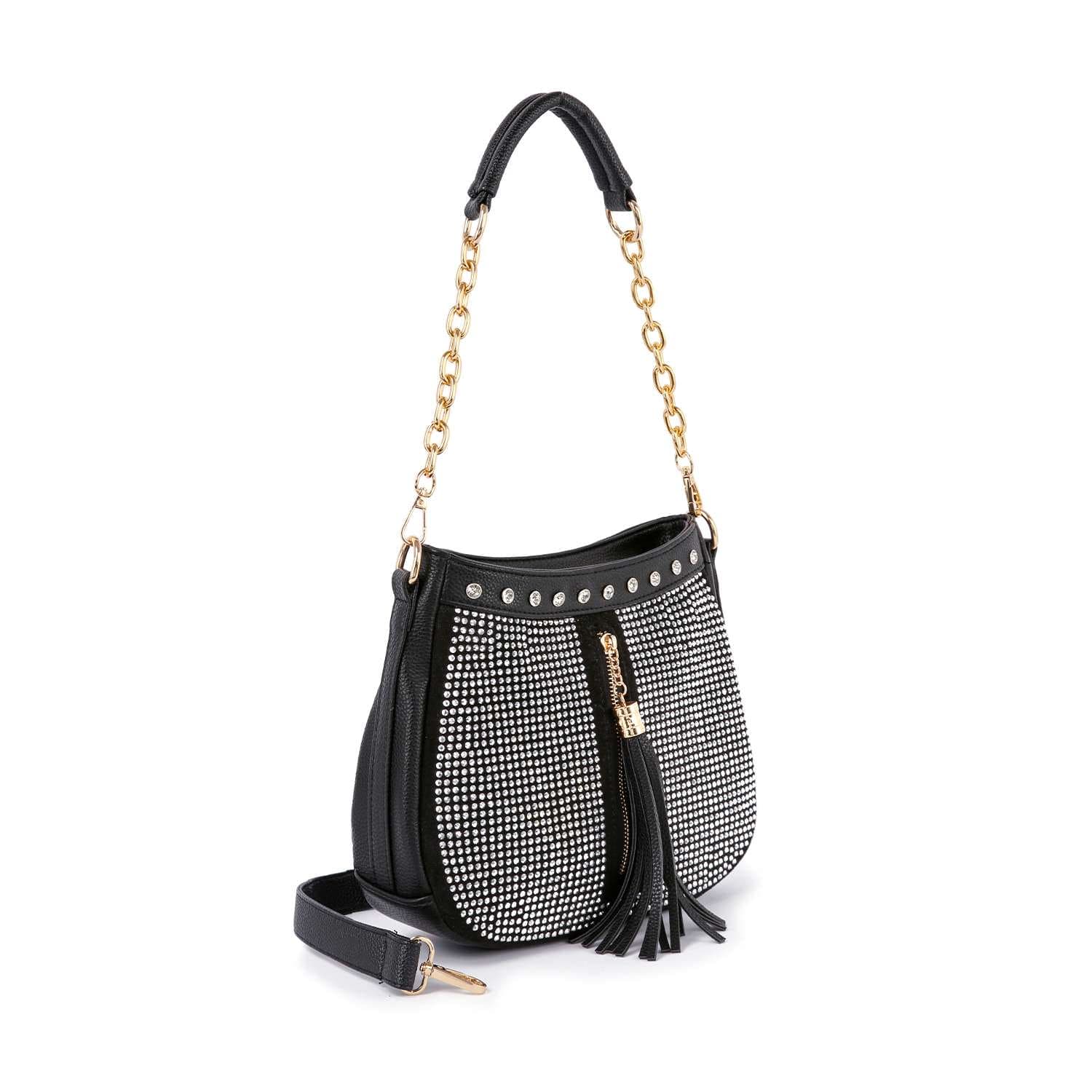 The Decorative Rhinestone Tassel Accented Hobo Handbag is a black crossbody with gold chain strap, rhinestone detailing, gold hardware, detachable strap, and black tassel accents in front.