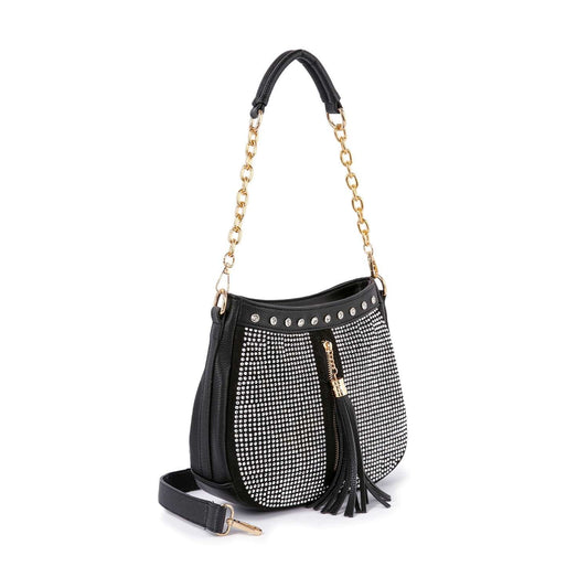 The Decorative Rhinestone Tassel Accented Hobo Handbag is a black crossbody with gold chain strap, rhinestone detailing, gold hardware, detachable strap, and black tassel accents in front.