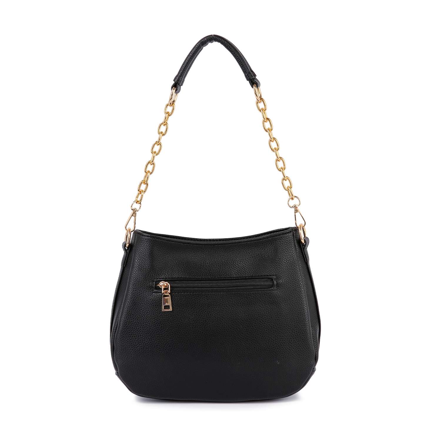 The Decorative Rhinestone Tassel Accented Hobo Handbag is a black faux leather bag with a gold chain and black handle, featuring pebbled texture, a front zip pocket, and rhinestone tassel accents for a stylish, elegant crossbody look.