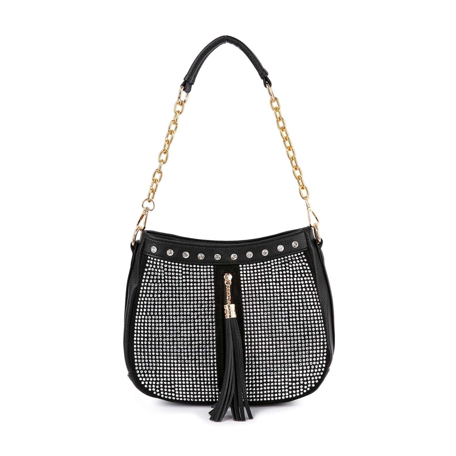 The Decorative Rhinestone Tassel Accented Hobo Handbag is a black crossbody with a gold chain strap, silver studs, rhinestone front detail, and a large black tassel centerpiece.