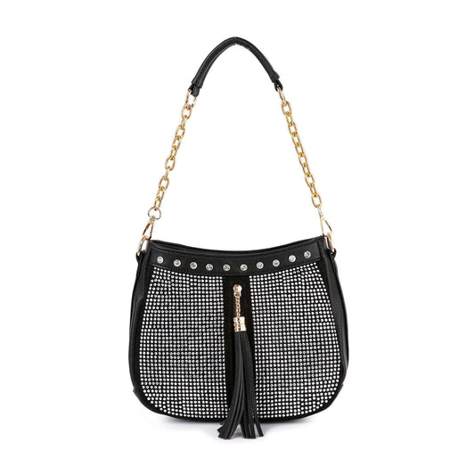 The Decorative Rhinestone Tassel Accented Hobo Handbag is a black crossbody with a gold chain strap, silver studs, rhinestone front detail, and a large black tassel centerpiece.