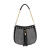 The Decorative Rhinestone Tassel Accented Hobo Handbag is a black crossbody with a gold chain strap, silver studs, rhinestone front detail, and a large black tassel centerpiece.