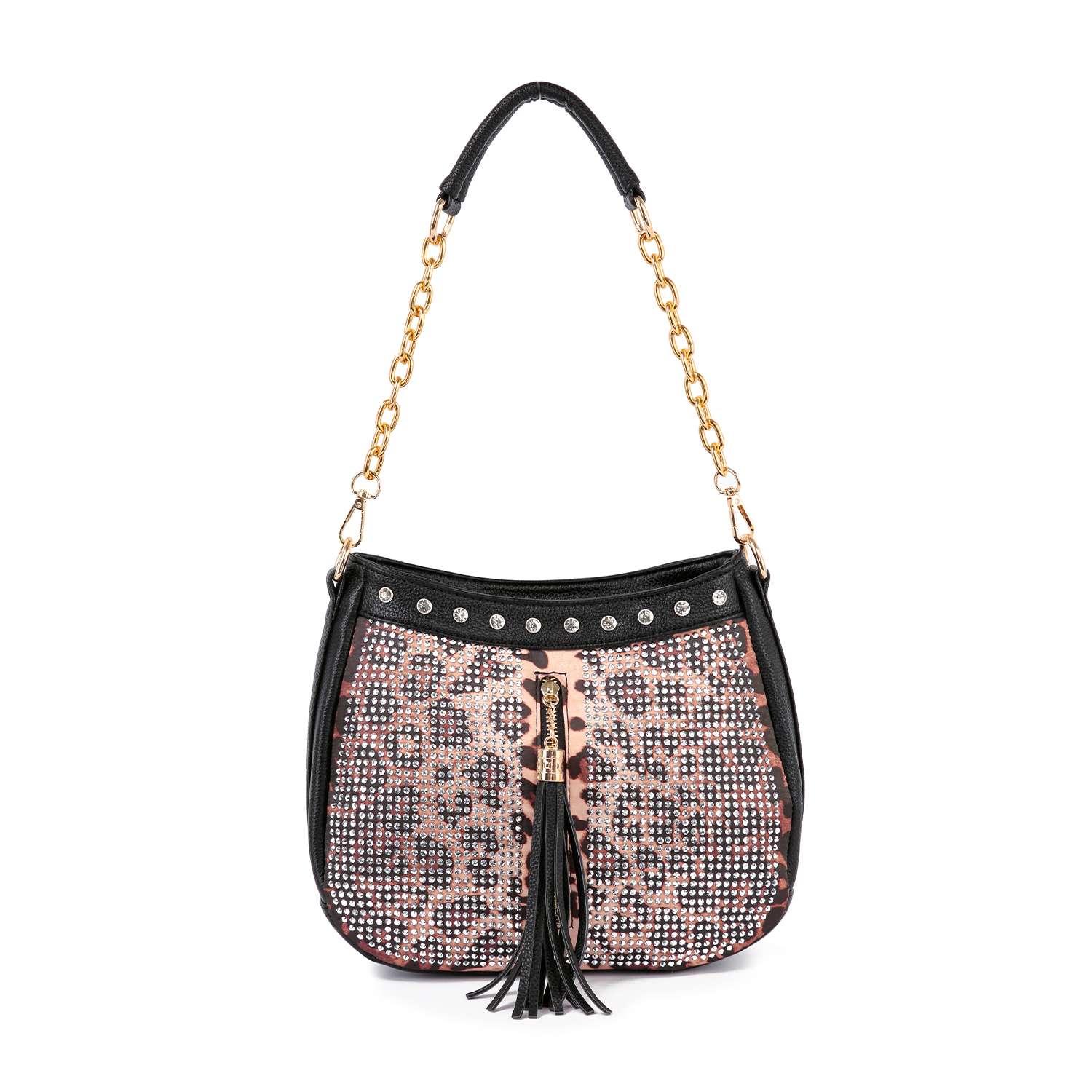The Decorative Rhinestone Tassel Accented Hobo Handbag features a gold chain, black leather strap, pink and black leopard print, rhinestone accents, metal studs, and a chic black leather tassel.
