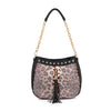 The Decorative Rhinestone Tassel Accented Hobo Handbag features a gold chain, black leather strap, pink and black leopard print, rhinestone accents, metal studs, and a chic black leather tassel.
