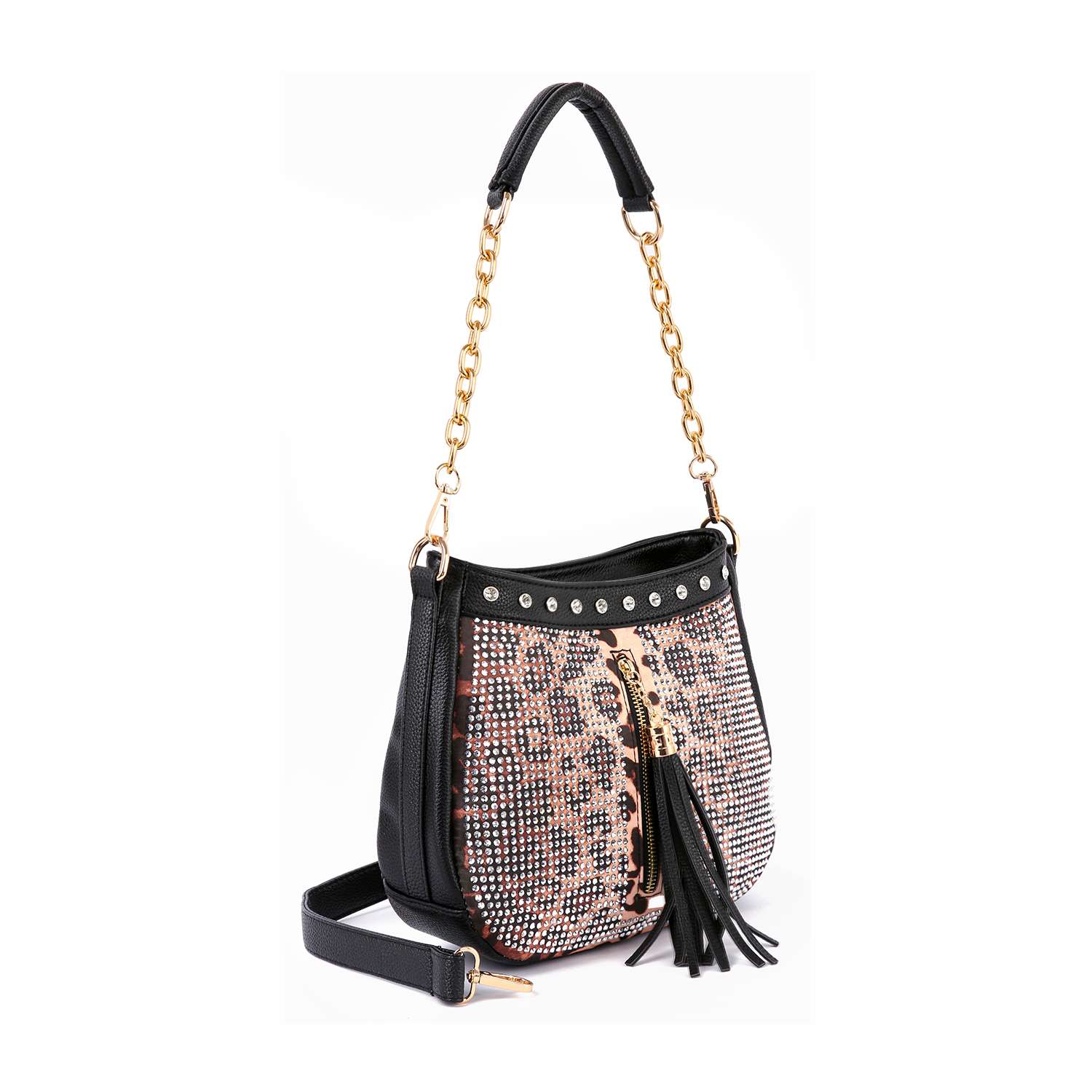 The Decorative Rhinestone Tassel Accented Hobo Handbag features a leopard print front, black sides, gold chain and leather strap, studded trim, rhinestone detail, tassel accents, and an adjustable shoulder strap.