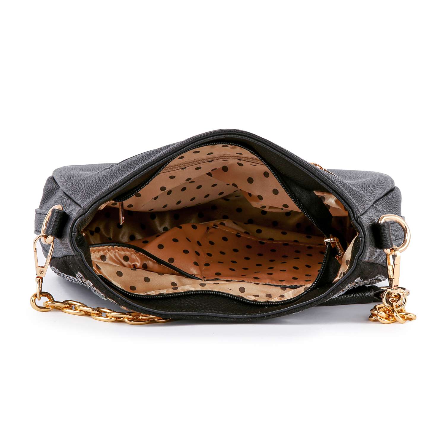 The Decorative Rhinestone Tassel Accented Hobo Handbag in black features a gold chain strap, beige polka dot interior lining, an inner zip pocket, and multiple compartments.