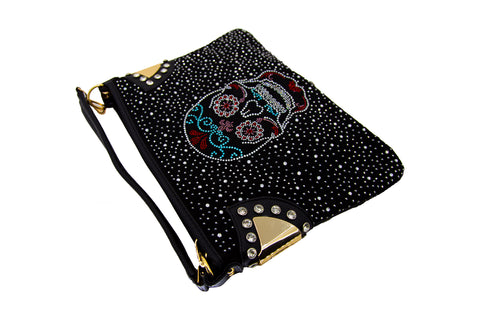 Sugar Skull Beaded Fringe Hobo Handbag