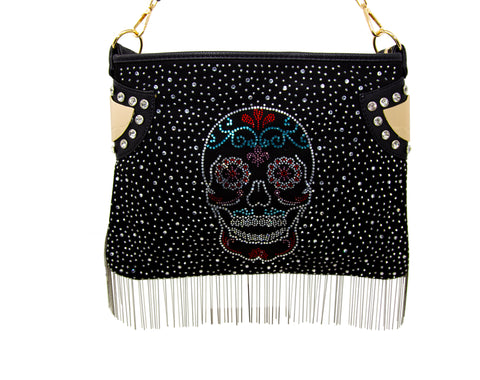Sugar Skull Beaded Fringe Hobo Handbag
