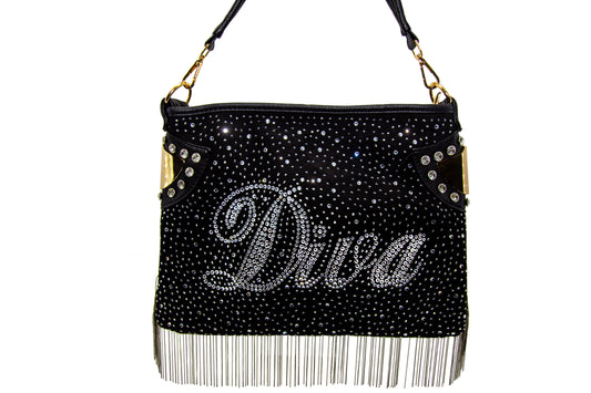 Rhinestone And Beaded Fringe Diva Hobo Handbag