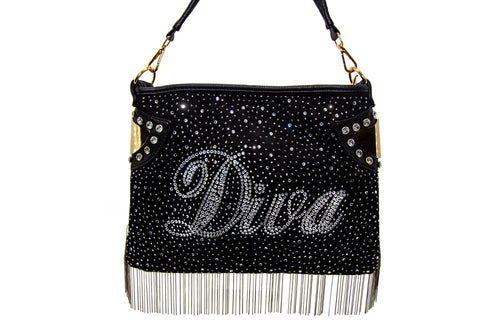 Rhinestone And Beaded Fringe Diva Hobo Handbag