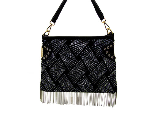 Rhinestone And Beaded Fringe Hobo Handbag