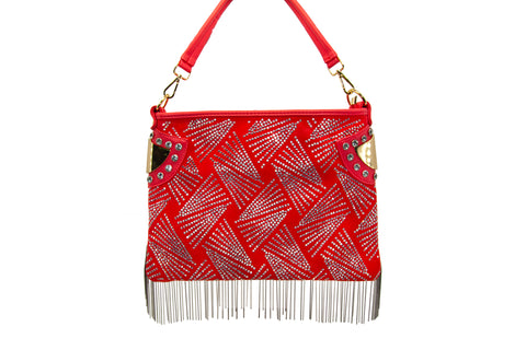 Rhinestone And Beaded Fringe Hobo Handbag